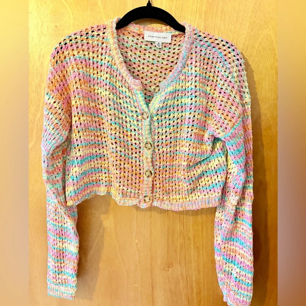 Something Navy Pastel Rainbow Crochet Crop Cardigan - Picture 2 of 7